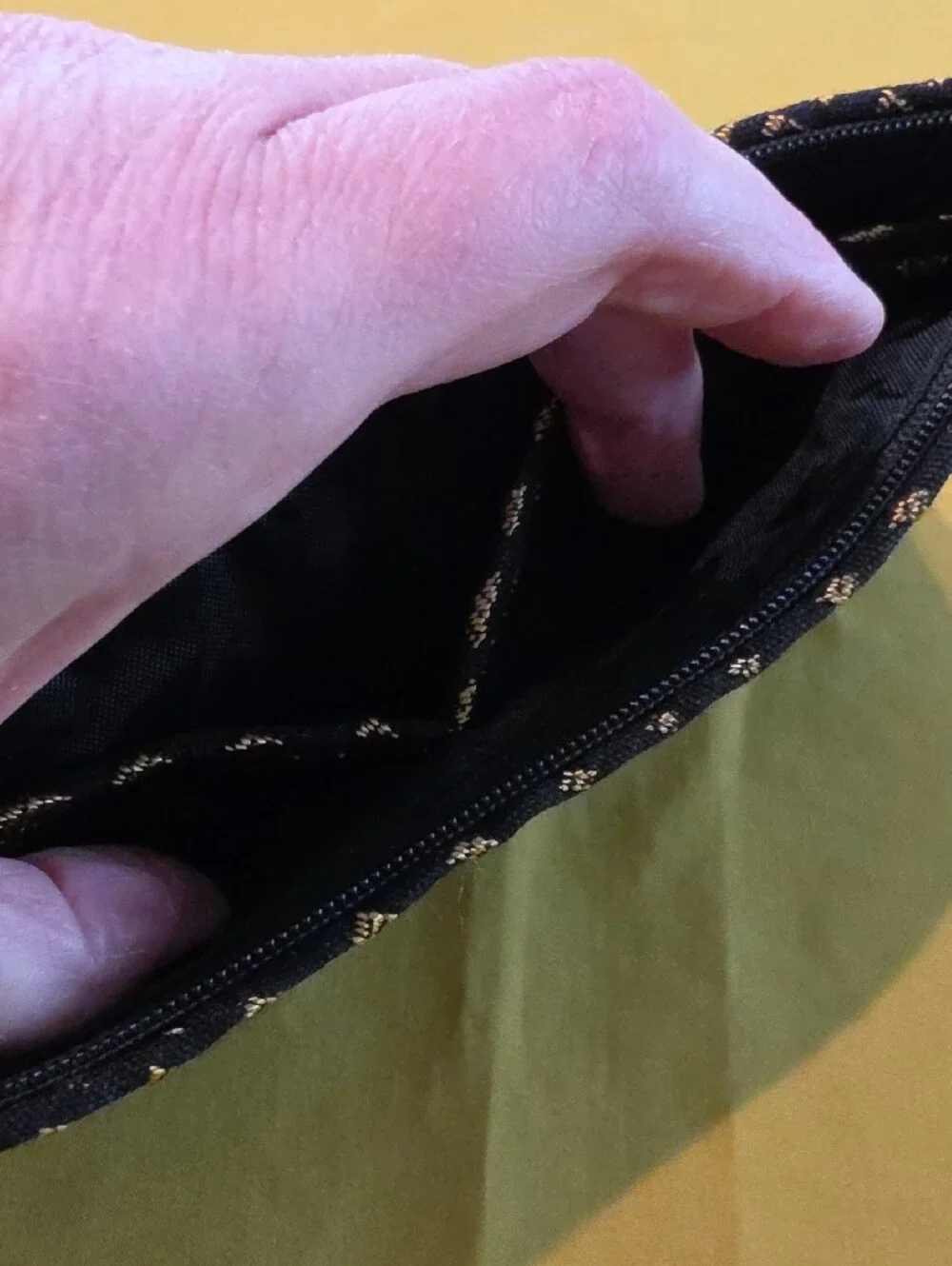 NWOT - 1154 Lill Studio Custom Unique Fabric Pouch Clutch Black Gold Geometric